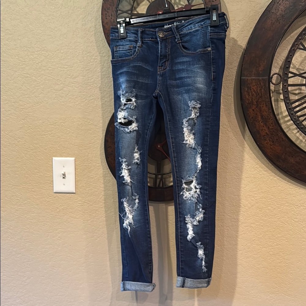 Machine Blue Ankle Cropped Jeans with Distressed Details